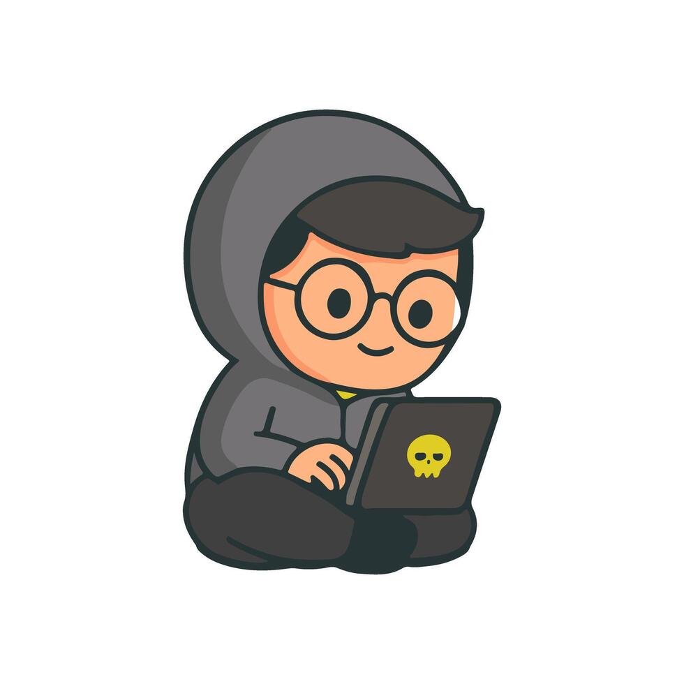 Cute hacker with hoodie using laptop cartoon illustration. Cyber security hacker character chibi design. Programmer hacker working with computer mascot illustration. vector