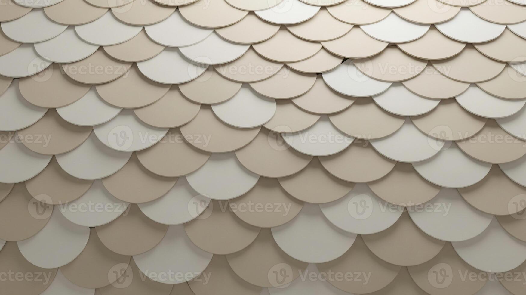 Close-up of a textured surface with overlapping, light-colored, scallop-shaped tiles creating a repetitive pattern photo