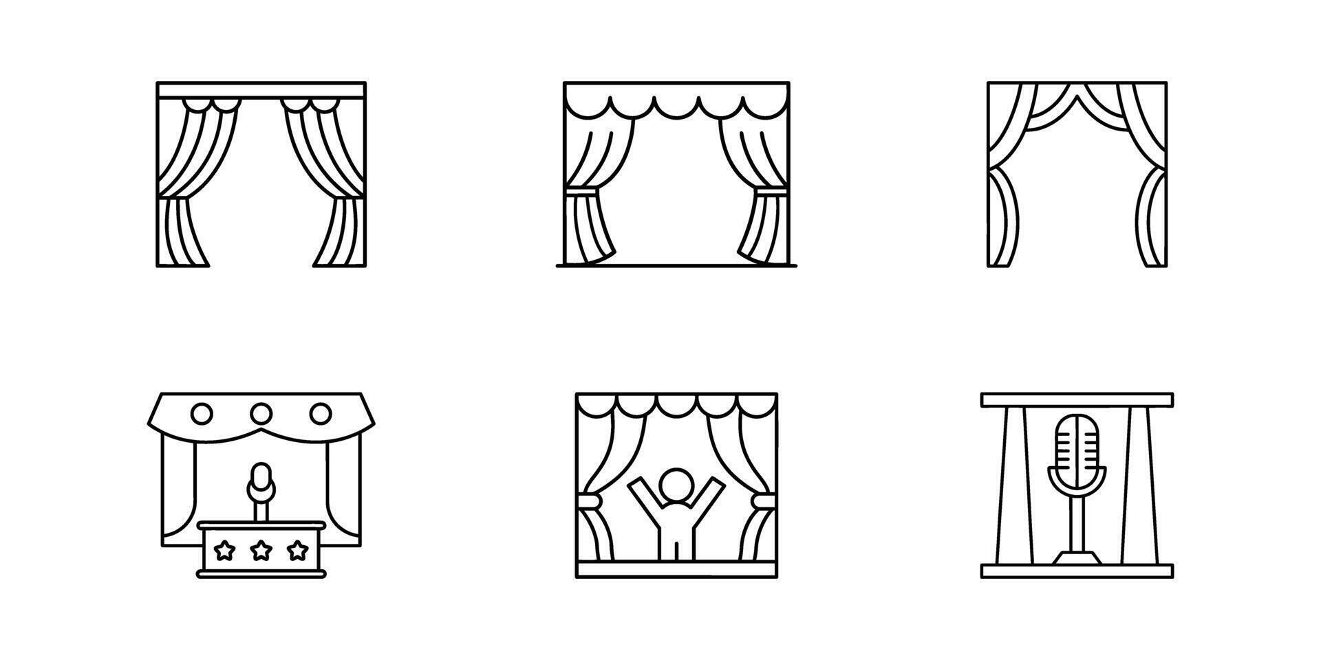 Outline icons of theatre stages with curtains, podium with microphone, puppet stage and performance silhouettes, minimal line design for entertainment projects. vector