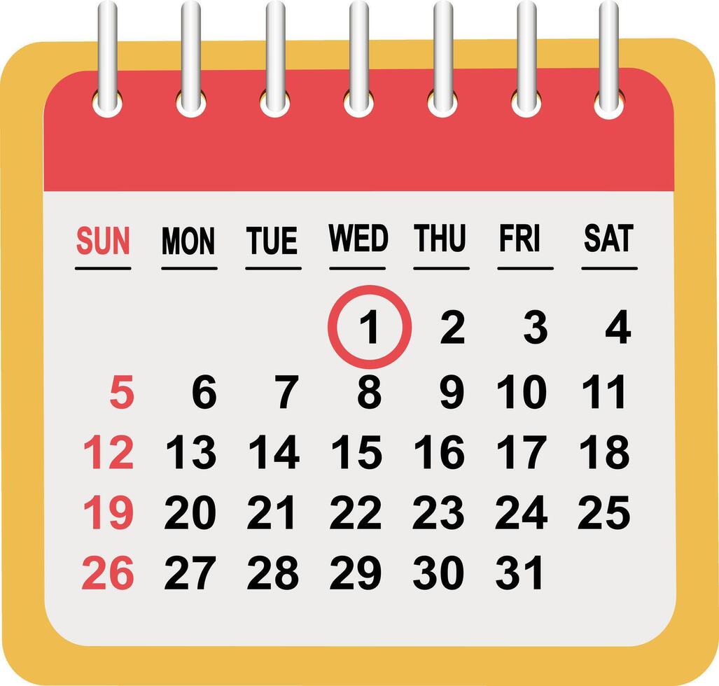 Calendar layout representing the first day of a month with highlighted date and day of the week for easy reference vector