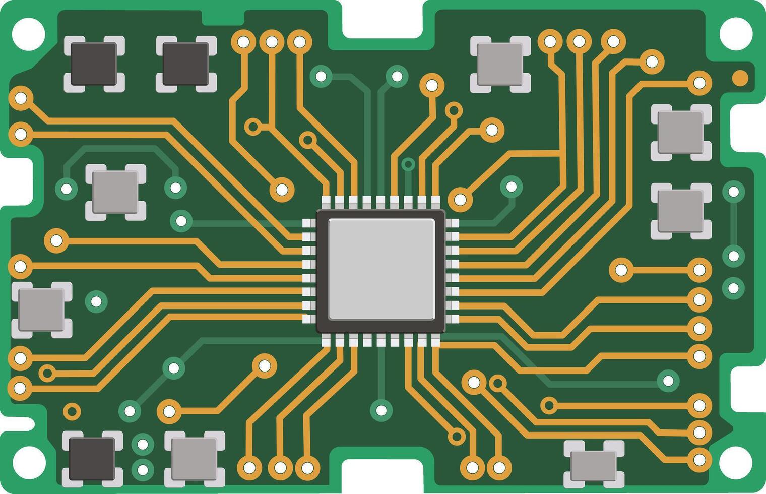 An illustration showcasing a detailed microcontroller circuit board with intricate connections and components vector