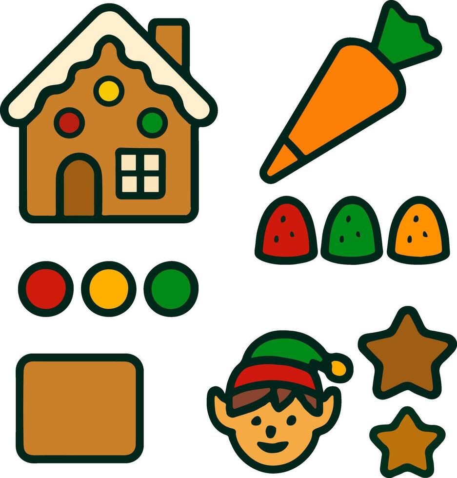 Components of a gingerbread house kit with candy and icing vector