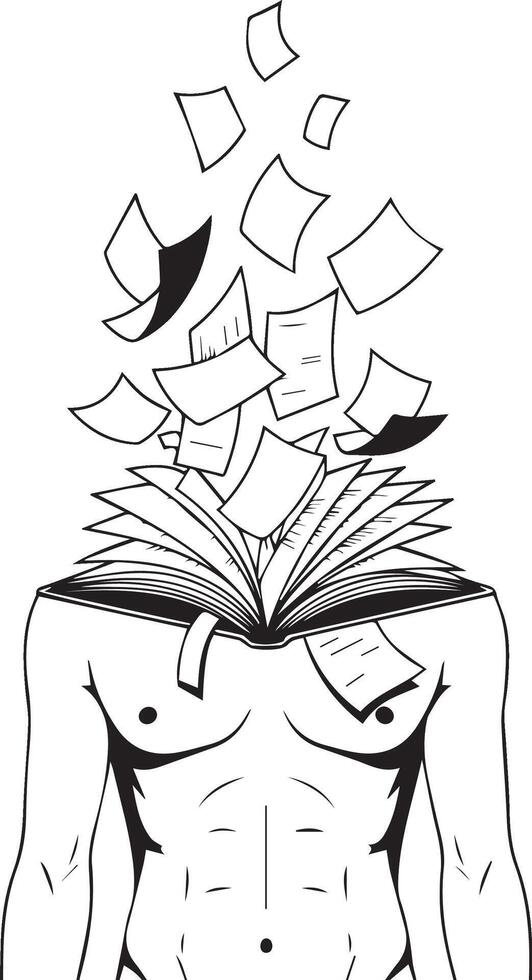 Knowledge Embodied An imaginative graphic depicting a figure with an open book forming their head, pages and knowledge cascading outwards, symbolizing enlightenment. vector