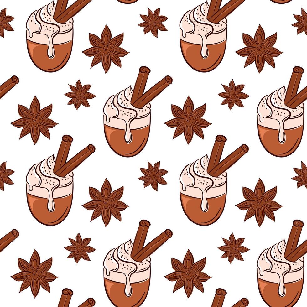 Seamless pattern with cinnamon stick, star anise and latte cup topped with cream and spice drawn in flat style. Perfect for bakery package, breakfast cafe wallpaper and spice store background. vector