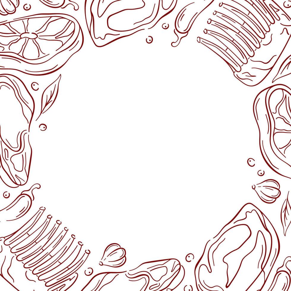 Frame with assorted raw meat cuts with herb, pepper, garlic and spice on a white background in line art style. vector