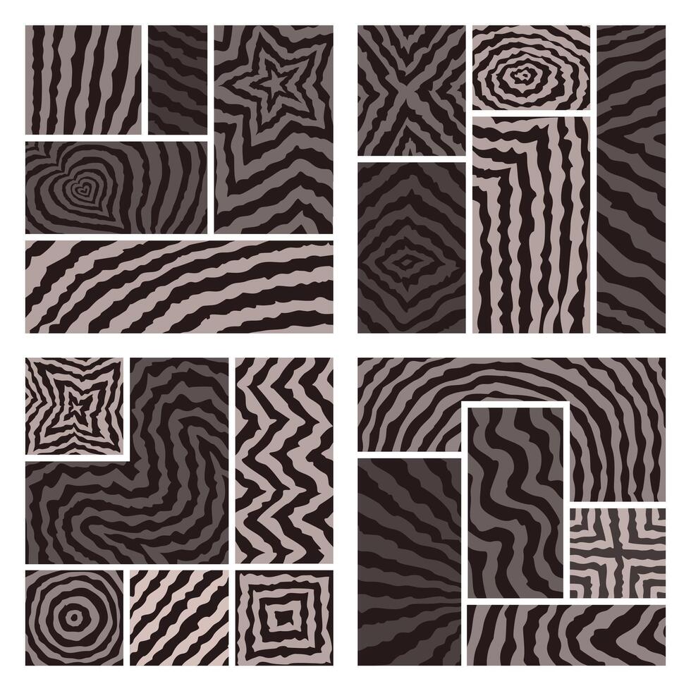 Set abstract geometric tile patterns with hypnotic optical illusion effect. Modern textures in black, white and gray tones, perfect for wallpapers, textiles, wrapping, and digital design. vector