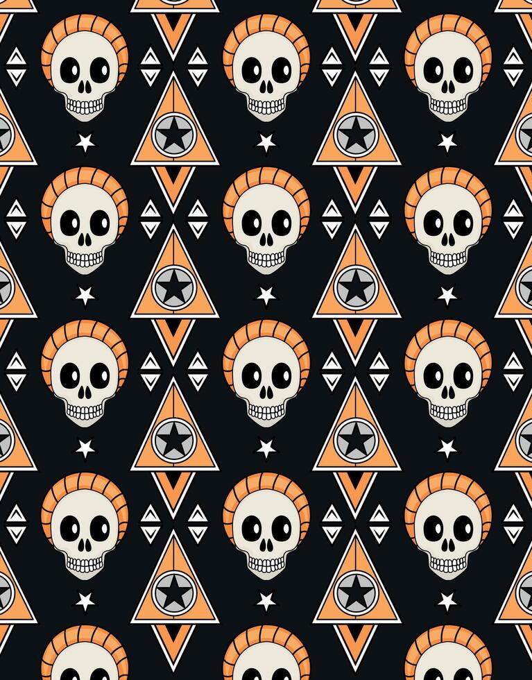 Skull and triangle geometric pattern with stars on dark background vector