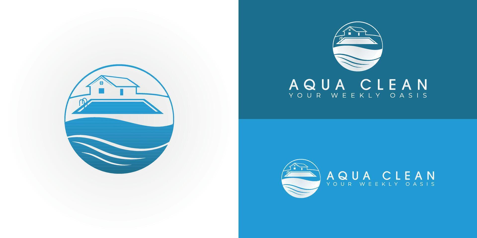 A logo for pool services featuring a clean, circular design. It showcases a house and pool above gentle waves, symbolizing a tranquil backyard oasis and the convenience of professional care. vector