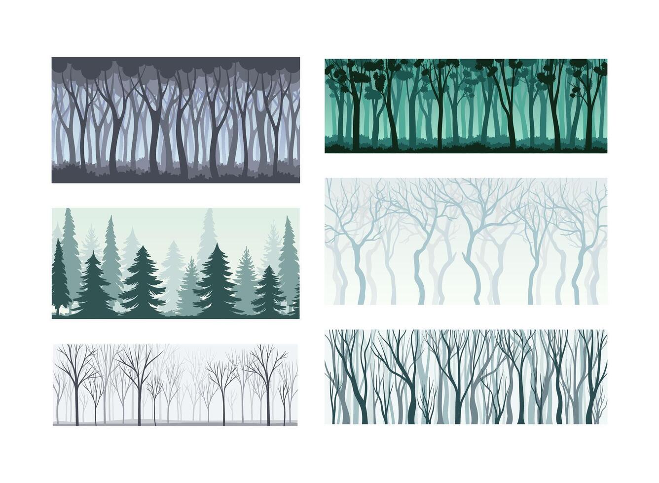 Tree Silhouette with Tall Trunk and Branched Top as Misty Forest Horizontal Backdrop Set vector