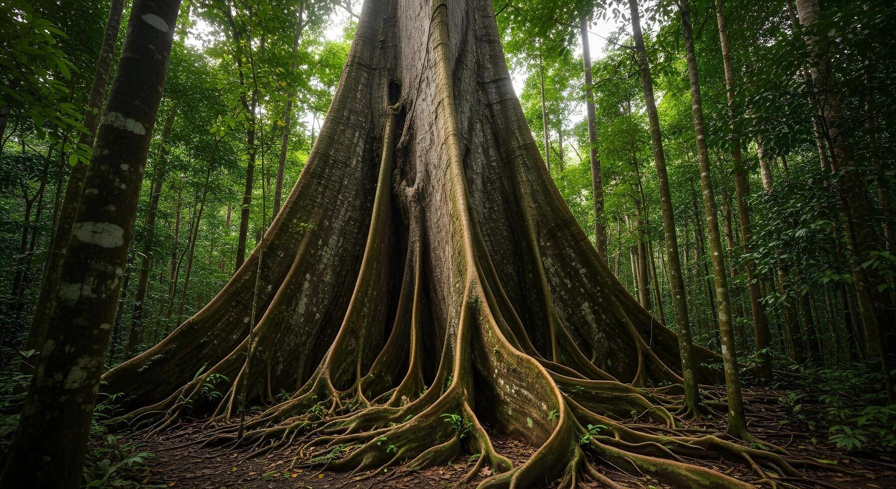 Majestic ancient tree with massive buttress roots anchors a lush vibrant rainforest canopy photo
