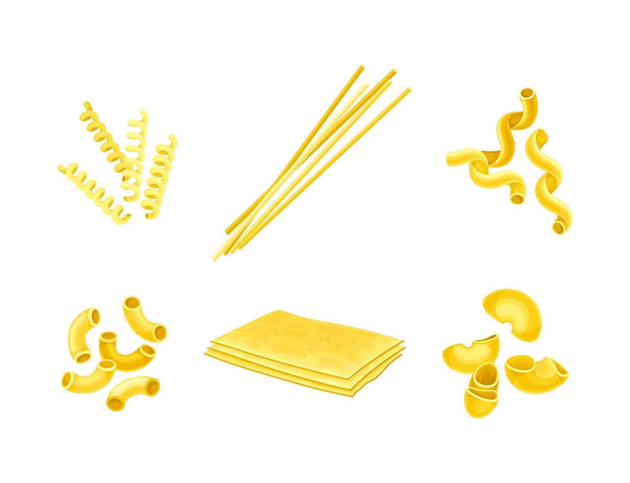 Pasta of Wheat Flour of Different Shapes and Forms for Cooking and Culinary Set vector