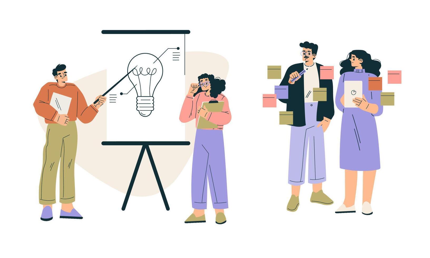 Team brainstorming with ideas and presentations vector