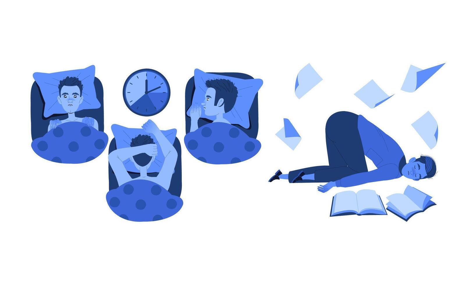 The Struggles of Sleep and Study A Visual Journey through Fatigue and Learning Hurdles vector