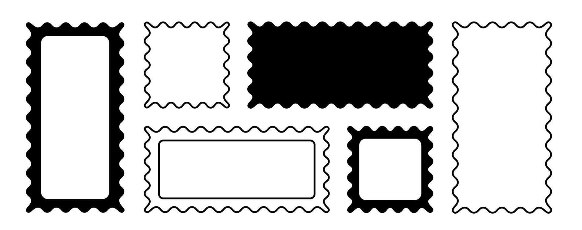 Border frame scallop edge rectangle shapes. Wave scallop squiggle cute simple rectangle borders. Simple wavy squiggly line retro photo picture frame. vector