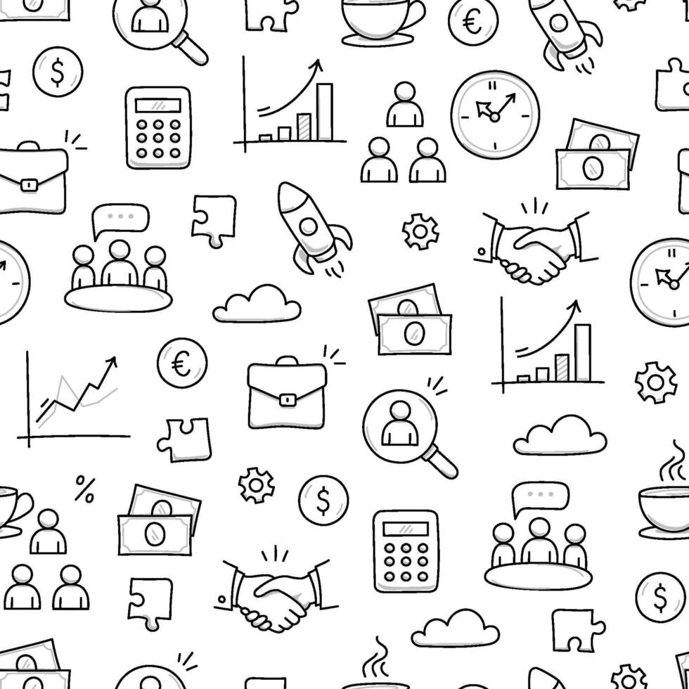 Business job icon doodle seamless pattern background. Business teamwork, office, career doodle line sketch style pattern with money, rocket, calculator element. vector