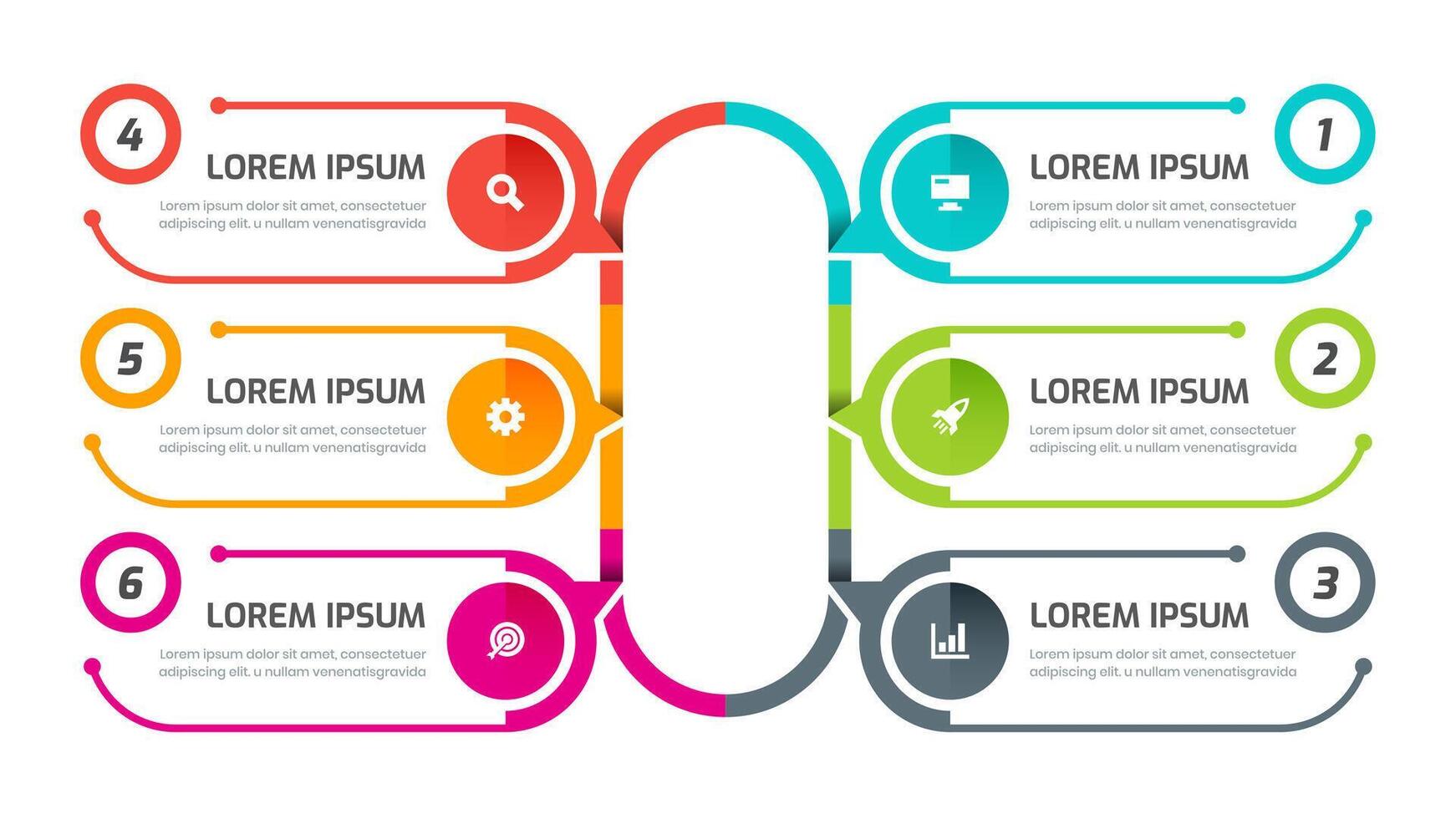 Business Infographic Presentation with Lines, Circle Label, 6 Numbers and Icons vector