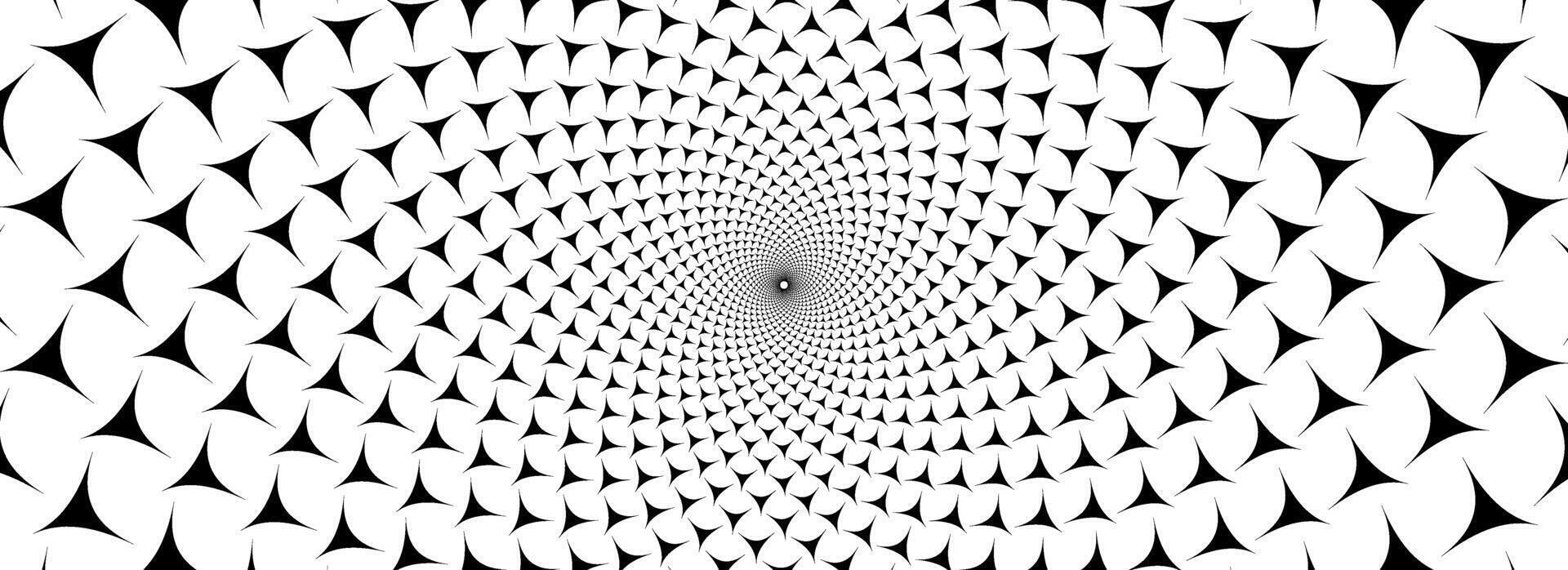 Black and white optical illusion background. Hypnotic rotating sharp triangles surface. Spinning spiral arrow poster design. Abstract trippy illusion wallpaper for banner, template design. vector