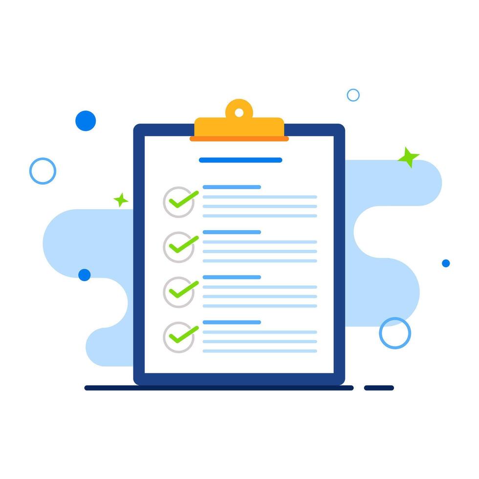 Efficient task management concept with a digital clipboard displaying a completed checklist and green checkmarks, symbolizing successful project planning and survey results vector