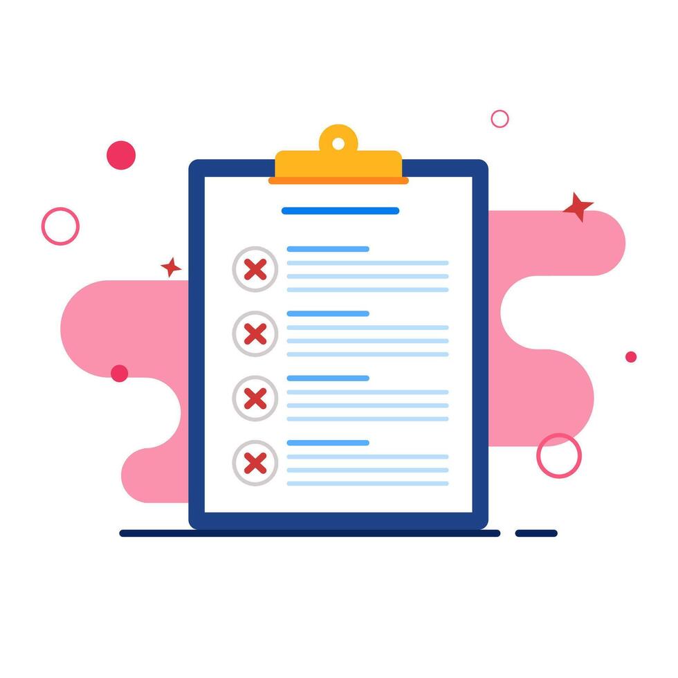 Checklist with red crosses indicating tasks not completed, presented in a clean, modern graphic style vector