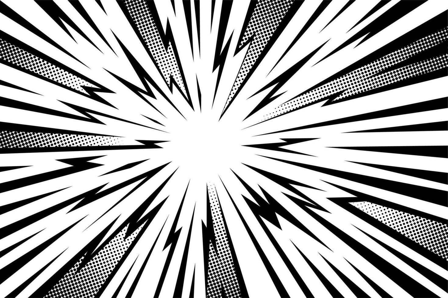 Manga thunder background mixes anime comic line rays with halftone texture in radial burst. Manga thunder bg suits lightning overlay, action shock frame, or abstract pop art element. vector