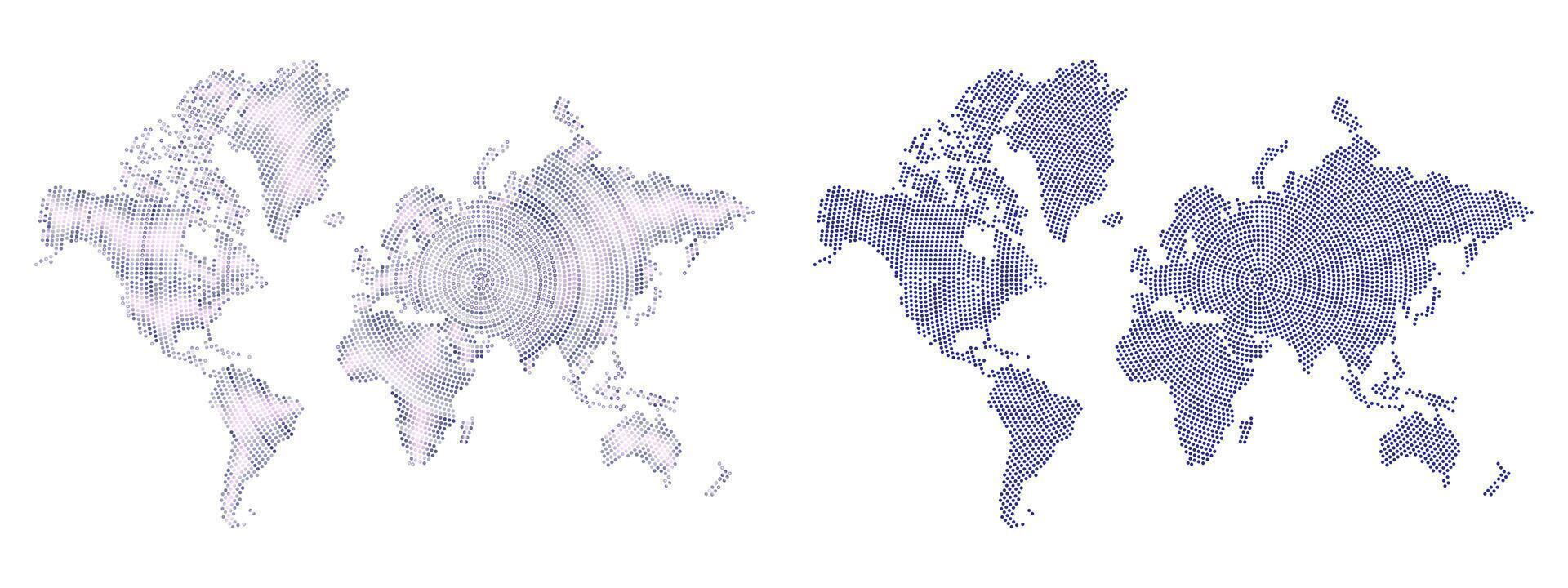 Trending Circle shape dotted world map in geometric style in different pattern. Continents with round dotted shape pattern. Dotted shape earth pattern showcasing all country of the world vector