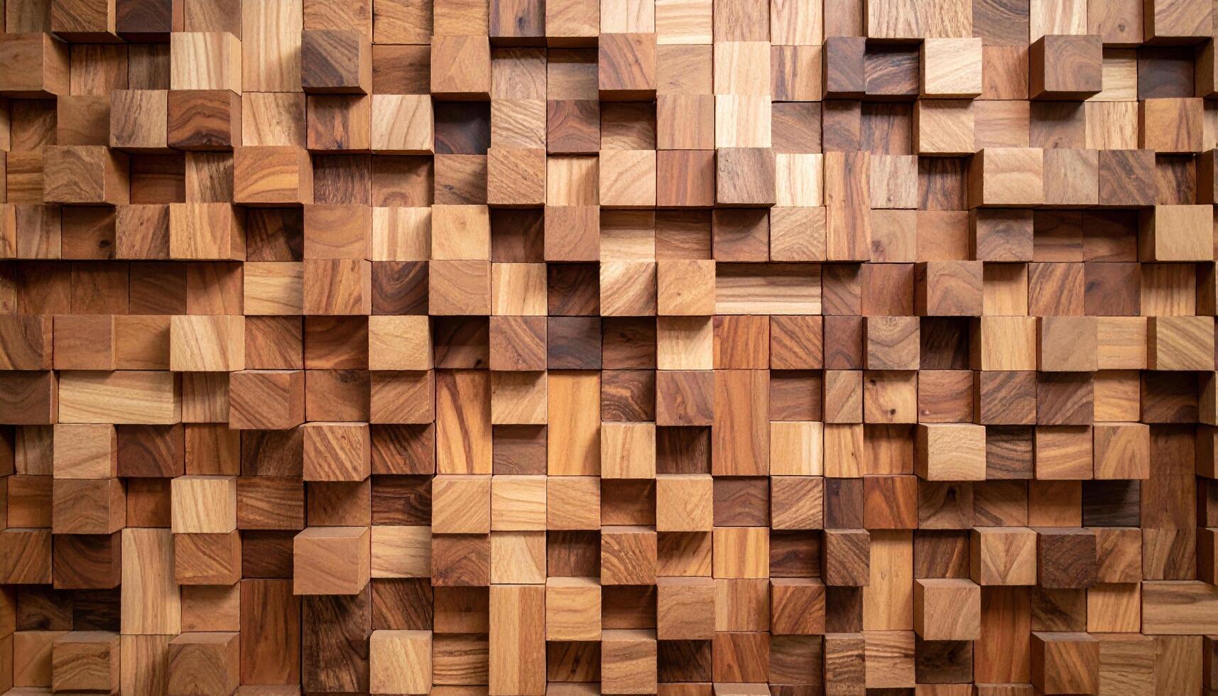 Textured wooden wall featuring dynamic arrangement of square blocks in various shades of brown, showcasing natural wood grain patterns and warm, inviting atmosphere photo