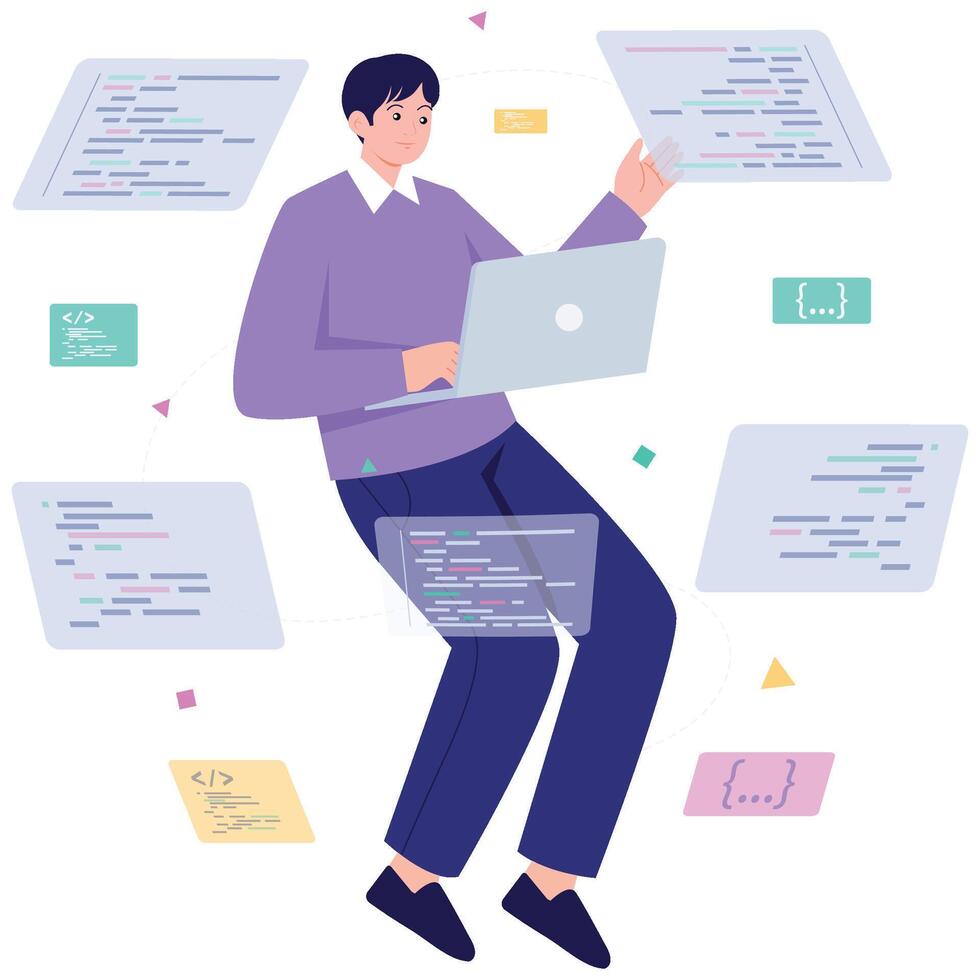 desarrollador mecanografía en un ordenador portátil con flotante código fragmentos, demostración moderno nube programación. vector