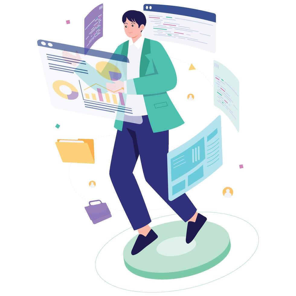 A businessman operates floating dashboards and documents in a virtual workspace to review metrics, reports, and performance. vector