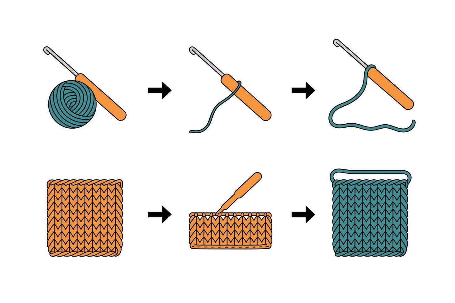 Crochet Steps Illustration Simple Guide to Basic Crochet Techniques with Hook, Yarn, and Stitch Formation for Beginners and Crafting Enthusiasts vector