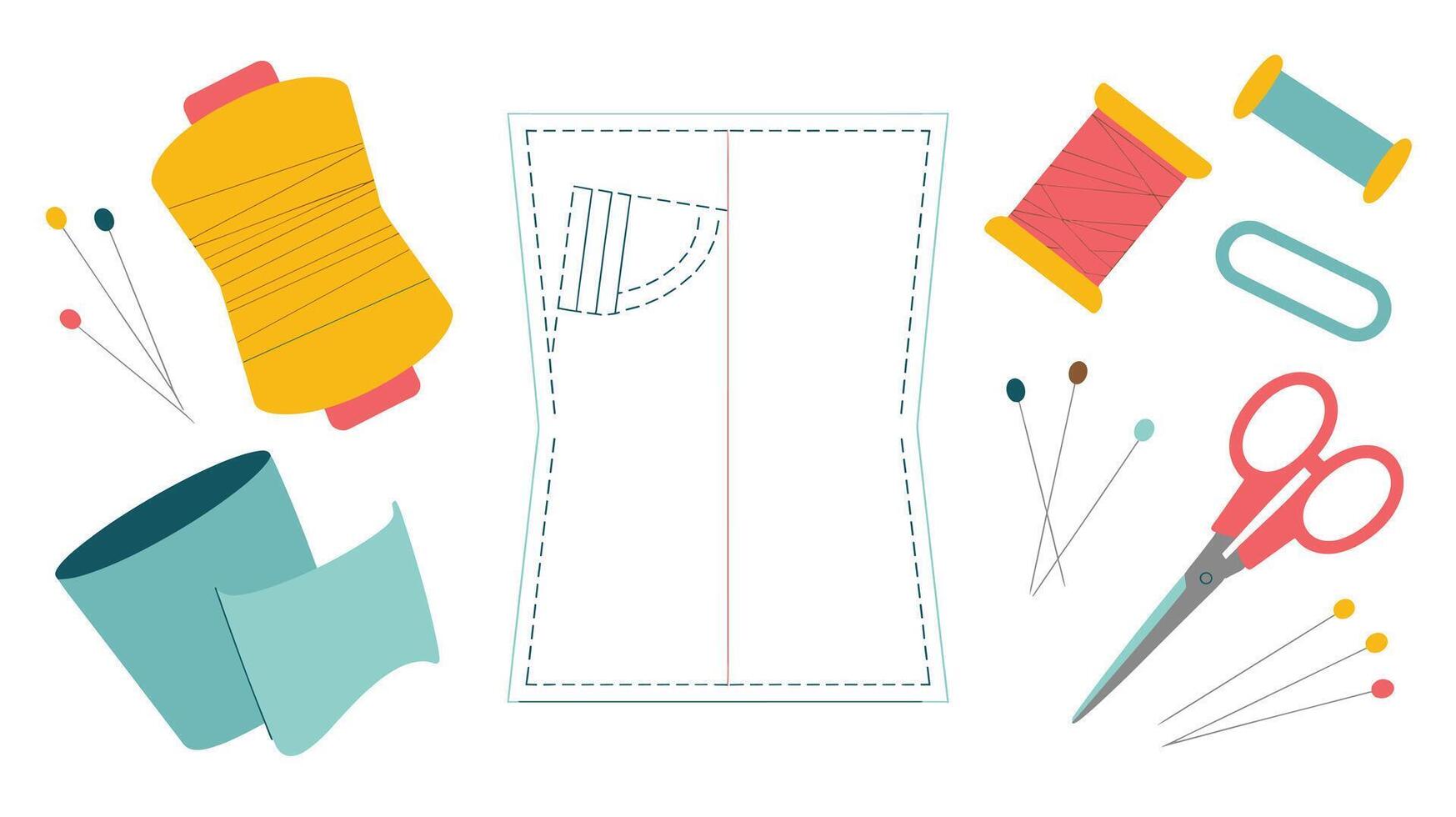 Sewing Essentials Pattern, Threads, Scissors, and Fabric for DIY Projects A Creative Hobby Illustration, Handcrafting Designs and Fashionable Needlework Concepts vector