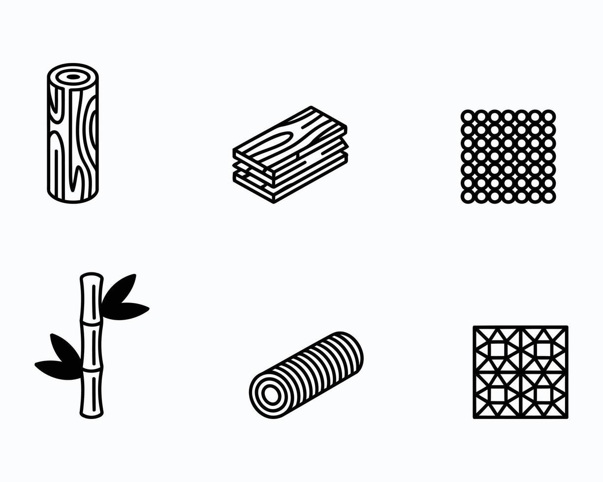 Assortment of Natural Materials and Textures Represented with Line Art Featuring Wood Bamboo and Various Patterns Suggesting Weaving and Natural Compositions for Design vector