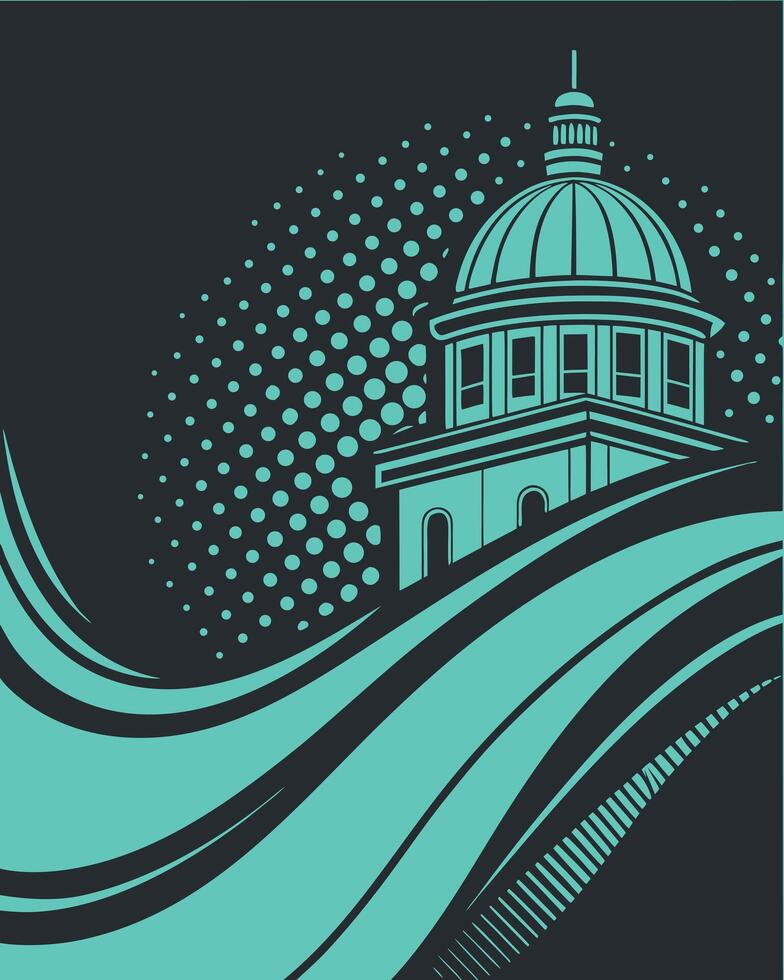 Teal dome building with abstract wave patterns and halftone dots on dark background architecture vector
