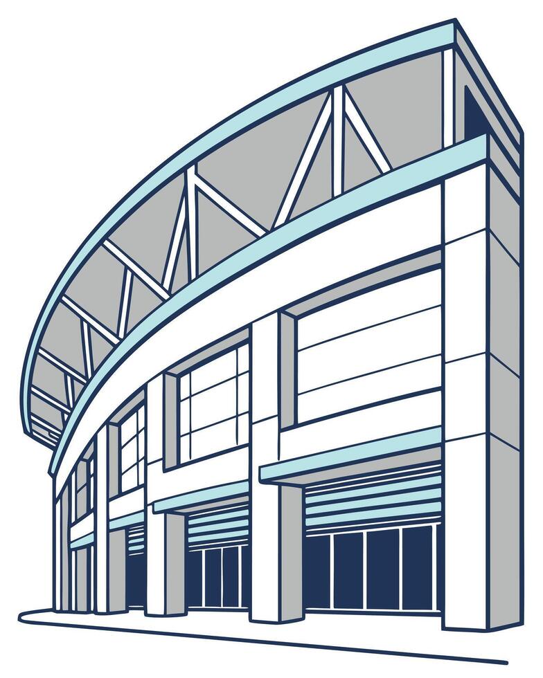 Modern stadium building facade with curved roof and geometric structure architecture vector