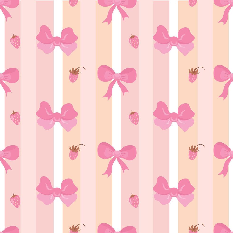 Coquette pattern. Strawberry and Bows Pattern on Striped Background vector