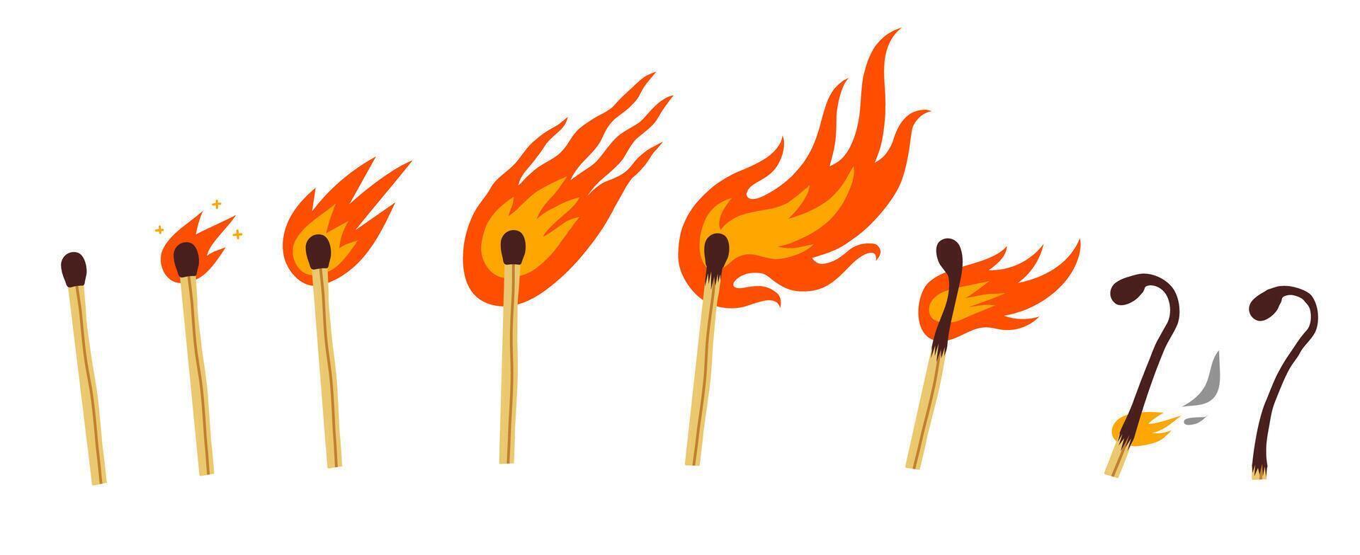 The combustion cycle of a match, linear timeline. Flat color illustration on a white background. The concept of burnout. A match burns, several stages of burning. vector