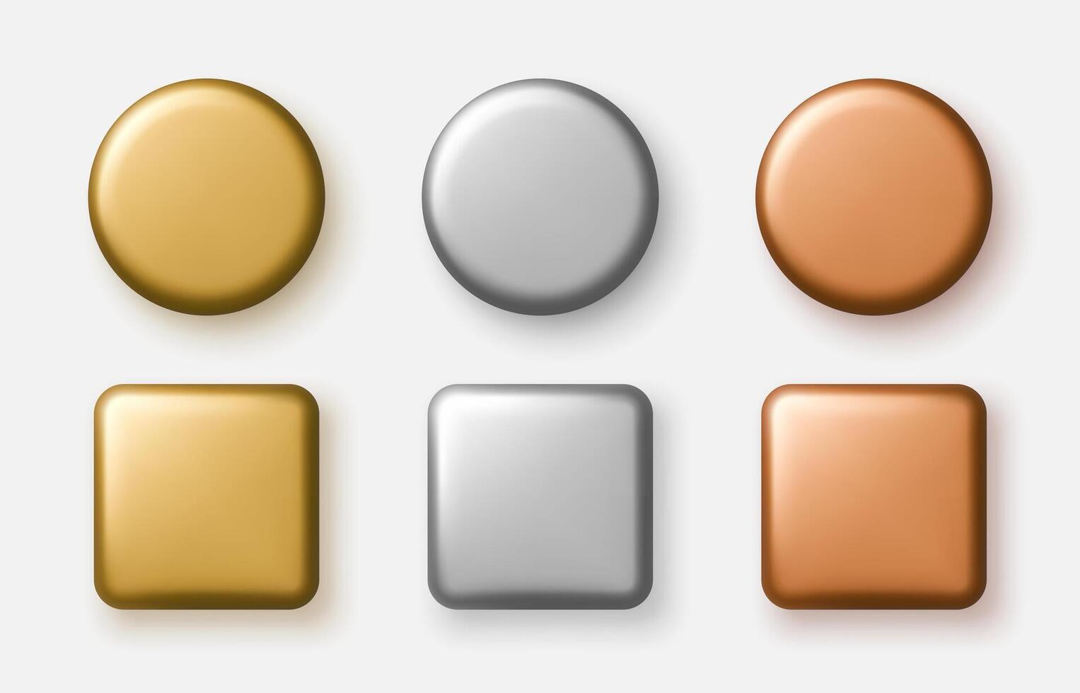 Set of gold, silver and bronze buttons in round and square shapes for interface or infographics. illustration. vector