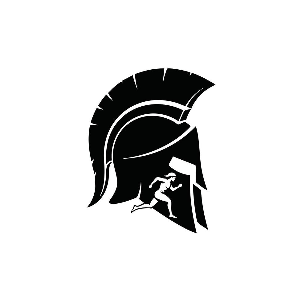 A dynamic representation of a Spartan helmet featuring a silhouette of a runner in motion, symbolizing strength. vector