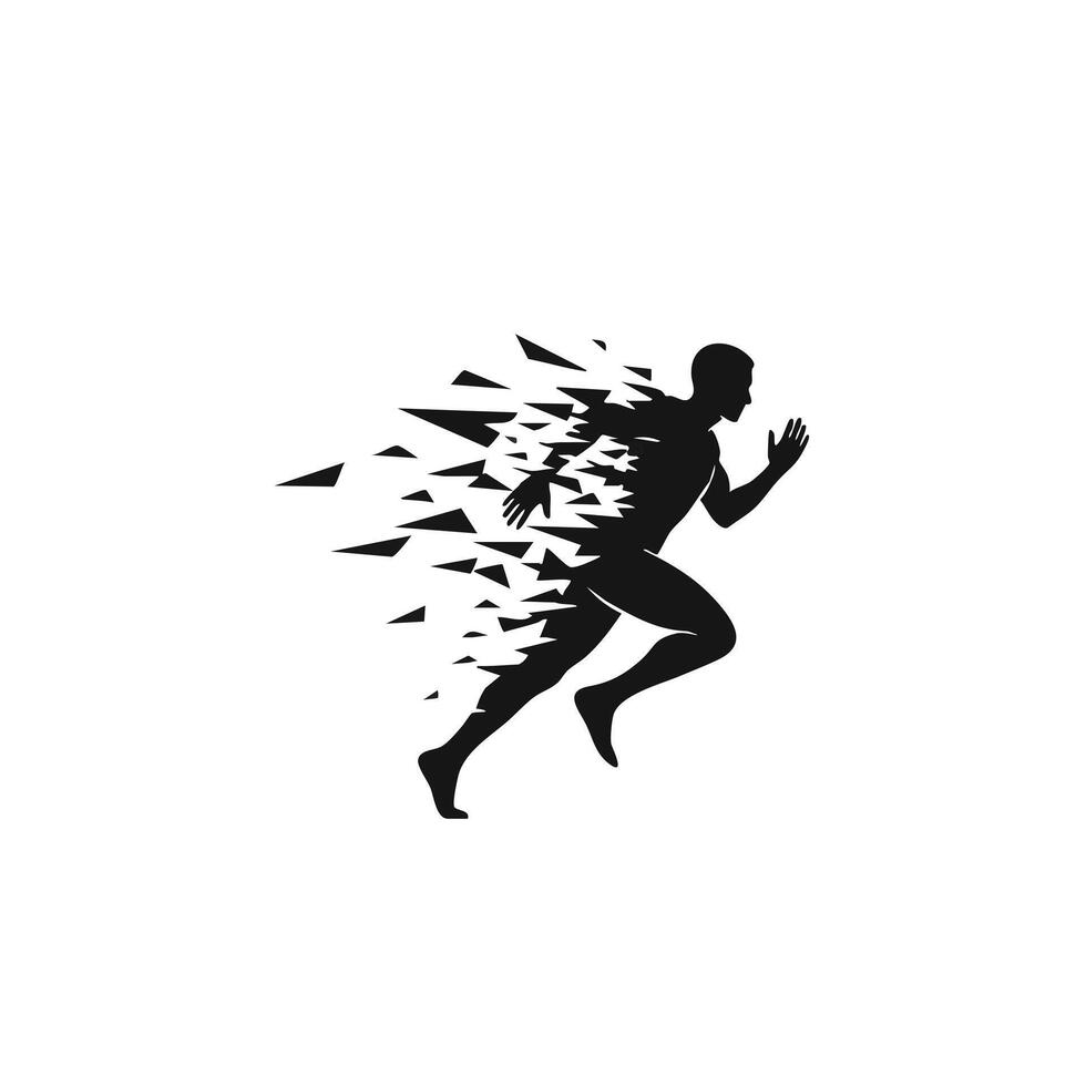 Dynamic silhouette of a runner in motion, illustrating speed and energy through fragmented shapes and lines. vector