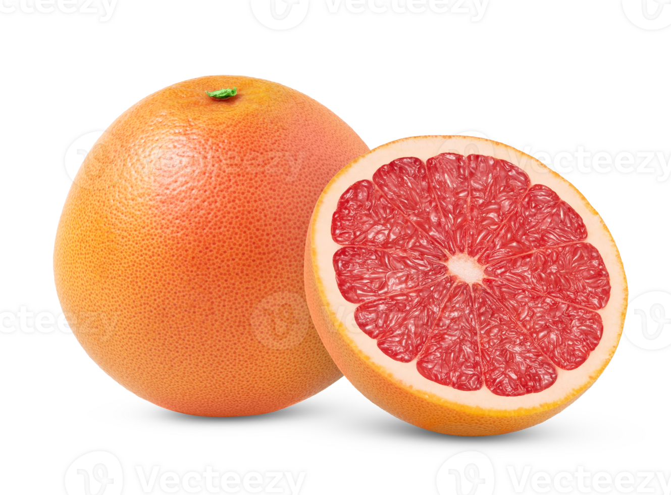 Pink whole grapefruit and half isolated. Grapefruit half with zest isolated with clipping path. Full depth of field png