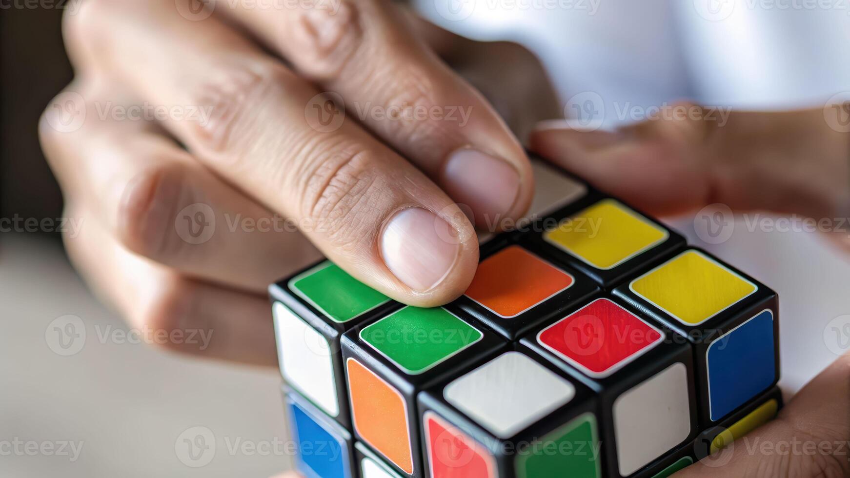 Rubiks cube puzzle handheld focus closeup finger twist colorful square tile game challenge calm photo