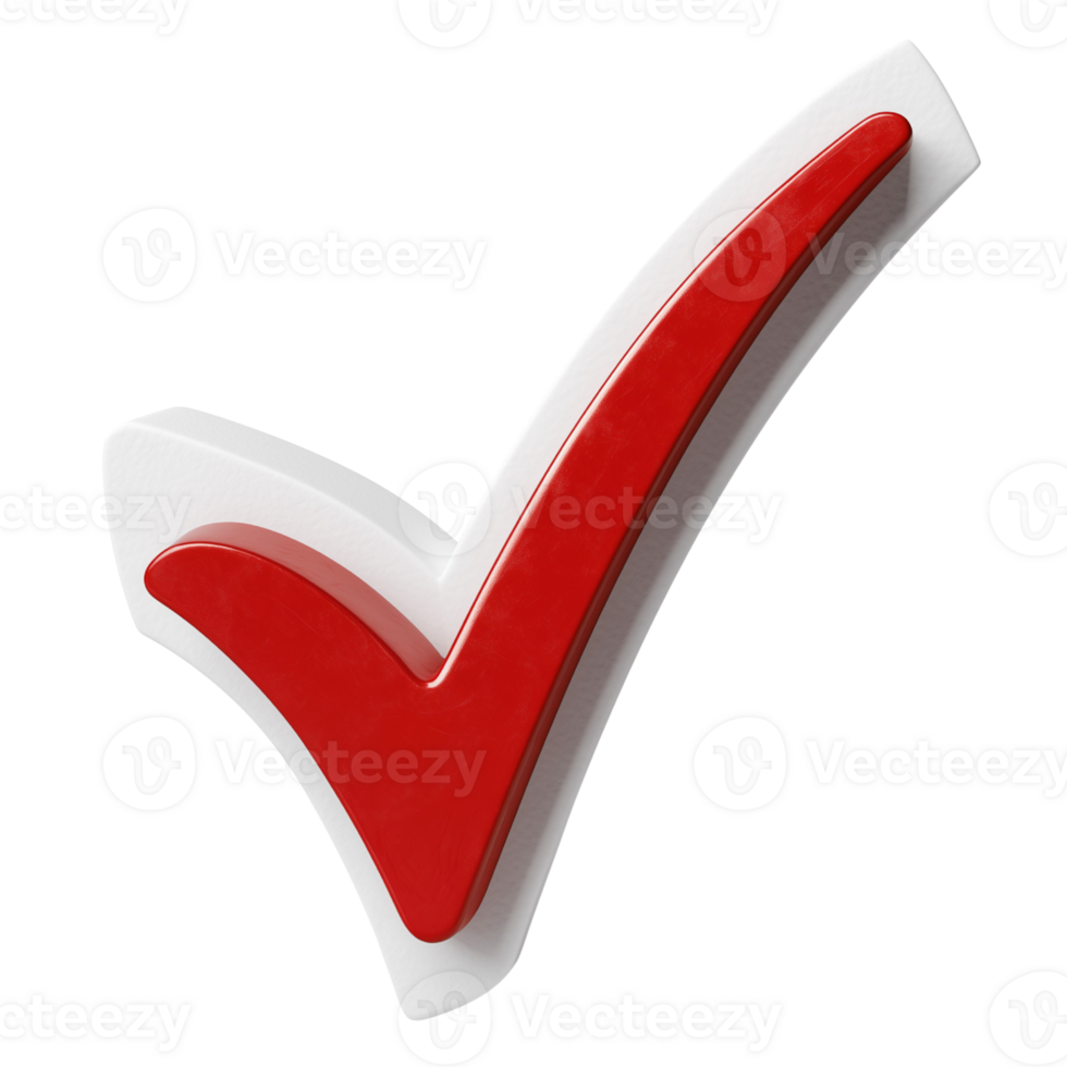 Three-dimensional check mark with a smooth, glossy red surface outlined in white on transparent background png
