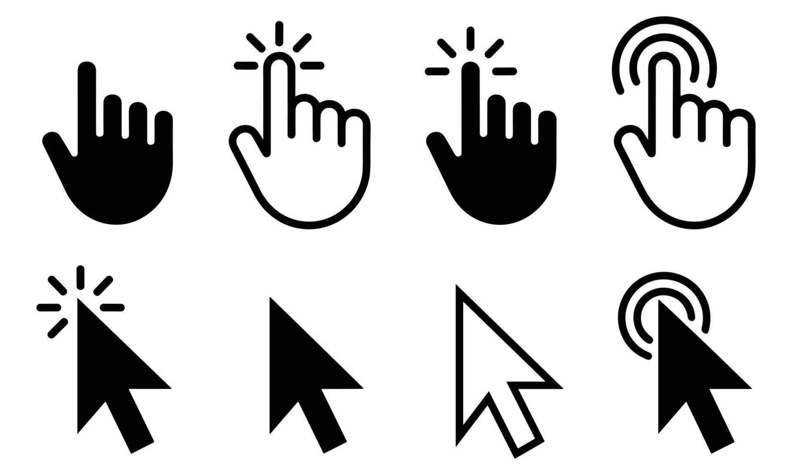 Set of eight black and white cursor icons showing hand pointers and arrow cursors clicking vector