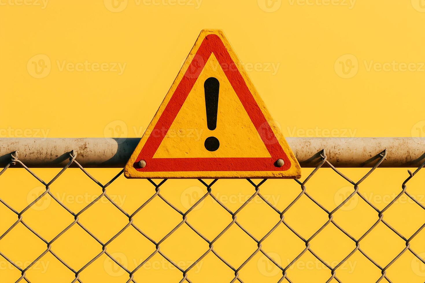 Warning sign with exclamation mark displayed on a chain-link fence against a vibrant yellow background, emphasizing caution and alertness in a safety context photo