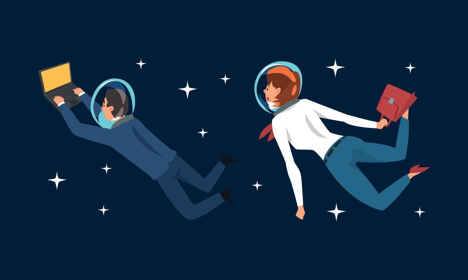 Professionals in space with laptops and documents vector