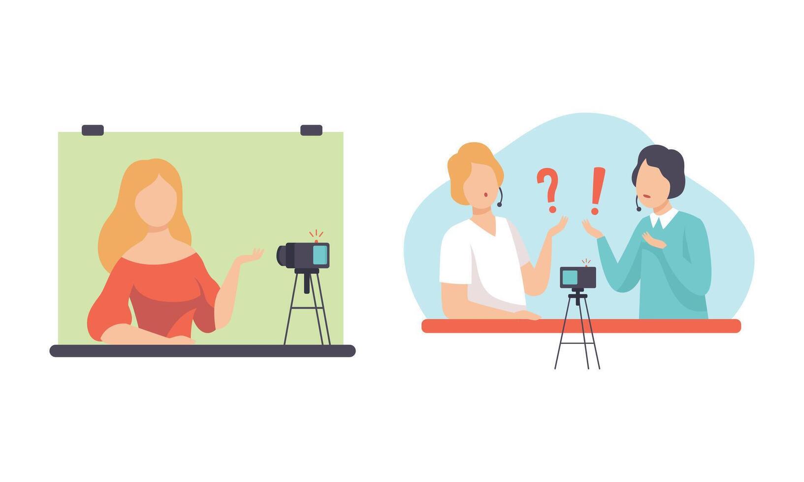 Man and Woman Blogger or Vlogger Making Content for Web Channel Set vector