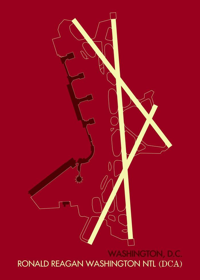 This image features a stylized map of Ronald Reagan Washington National Airport DCA in Washington, D.C. The map is rendered with a minimalist design, using a dark red background vector