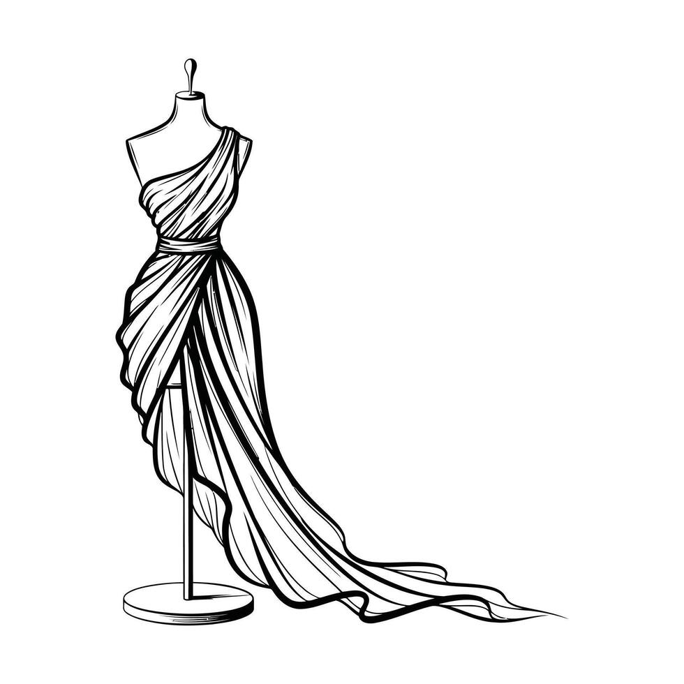 A hand-drawn sketch of a flowing, one-shoulder evening gown with intricate draping and a long train, presented on a tailor's mannequin against a clean white backdrop. vector