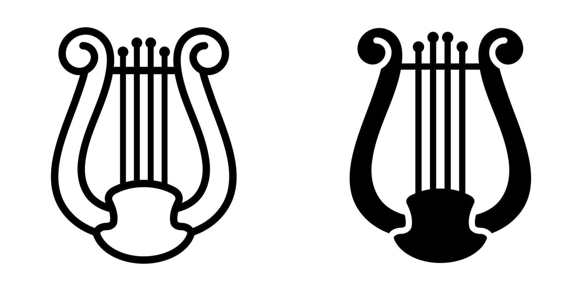 Lyre icon set. Two variations of a minimalist lyre graphic in black outline and black filled style, suitable for a wide range of design projects. Musical stringed instrument art. vector