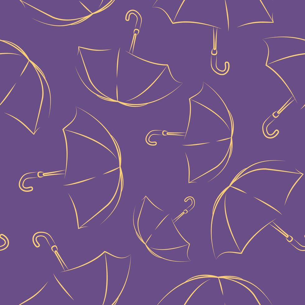 Pattern of open rain umbrellas in line art style drawn with different yellow outlines on a purple background vector