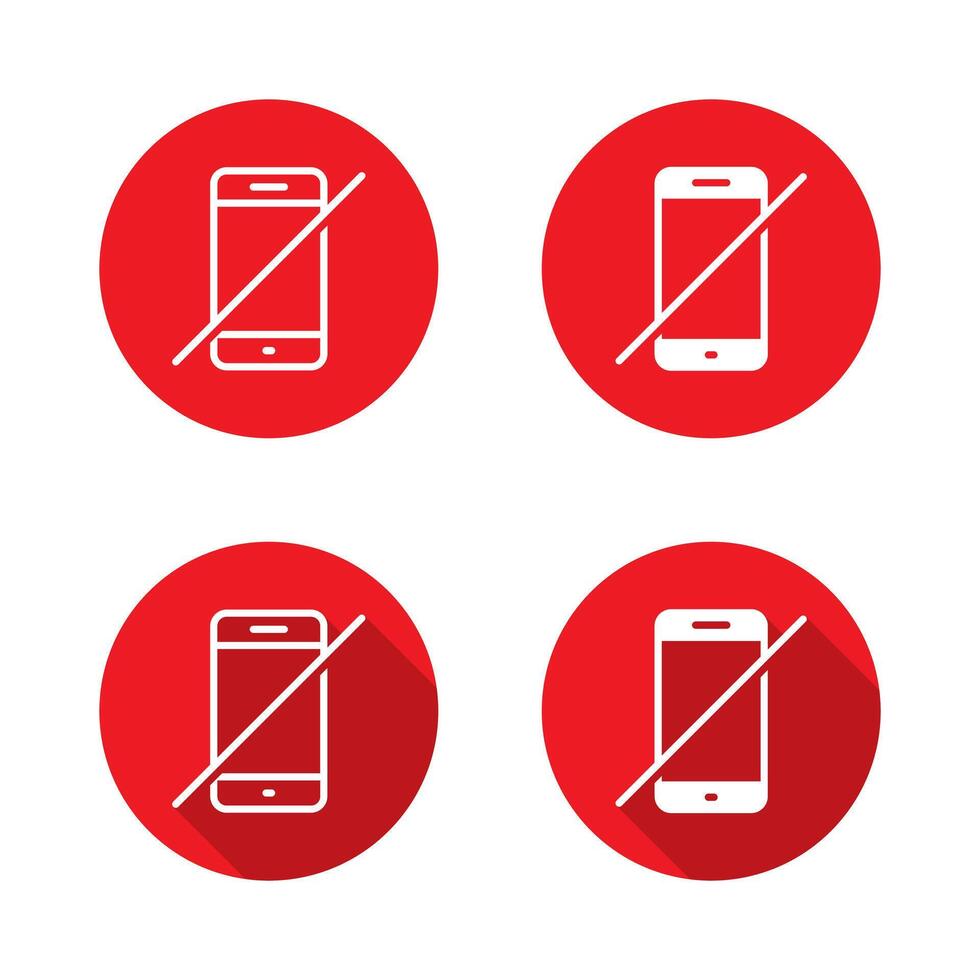 Mobile phone restriction badge with slash mark. No smartphone icon in red circle. Cellphone mute reminder with crossed line vector